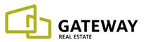 KI generiert: Das Bild zeigt das Logo von "Gateway Real Estate". Es besteht aus dem Firmennamen und einem stilisierten grafischen Symbol aus zwei umeinander angeordneten rechteckigen Formen.