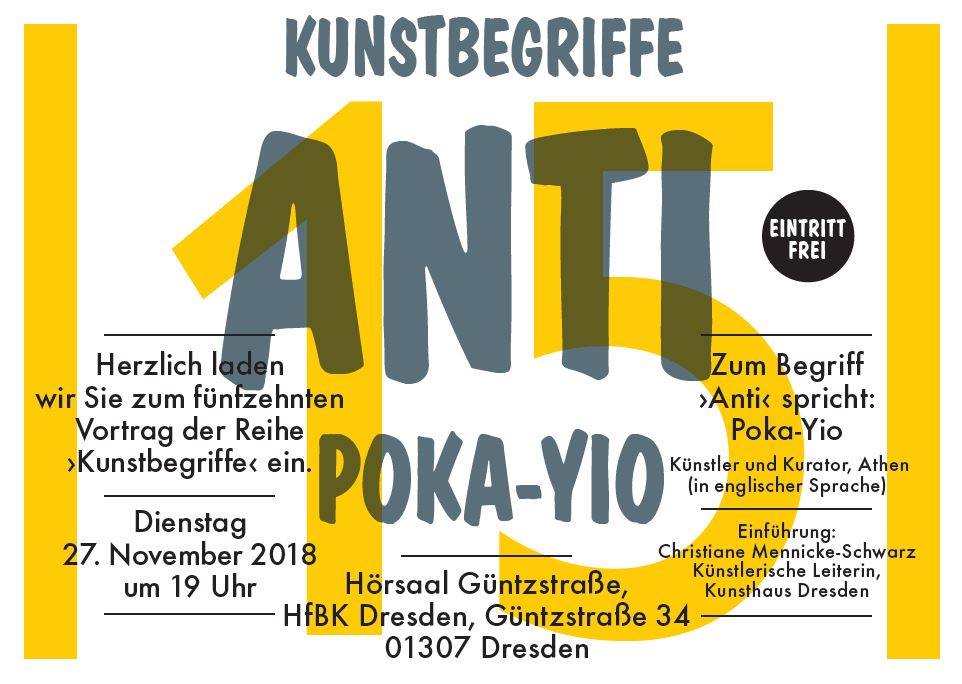 KI generiert: Das Bild ist eine Ankündigung für einen Vortrag der Reihe "Kunstbegriffe". Der Vortrag findet am 27. November 2018 in Dresden statt und wird von Poka-Yio gehalten.