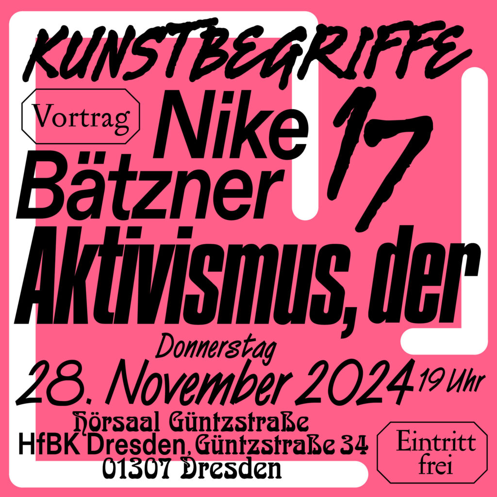 KI generiert: Dieses Bild zeigt die Ankündigung eines Vortrags von Nike Bätzner über das Thema "Aktivismus" am 28. November 2024 in Dresden. Der Eintritt zur Veranstaltung ist frei.