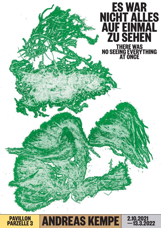 KI generiert: Das Bild zeigt eine Kunstausstellung von Andreas Kempe mit grün-weißen organischen Formen und dem Titel "Es war nicht alles auf einmal zu sehen" sowie den Daten und Standort der Ausstellung. Der dominante Text rückt die Botschaft der Ausstellung in den Vordergrund.