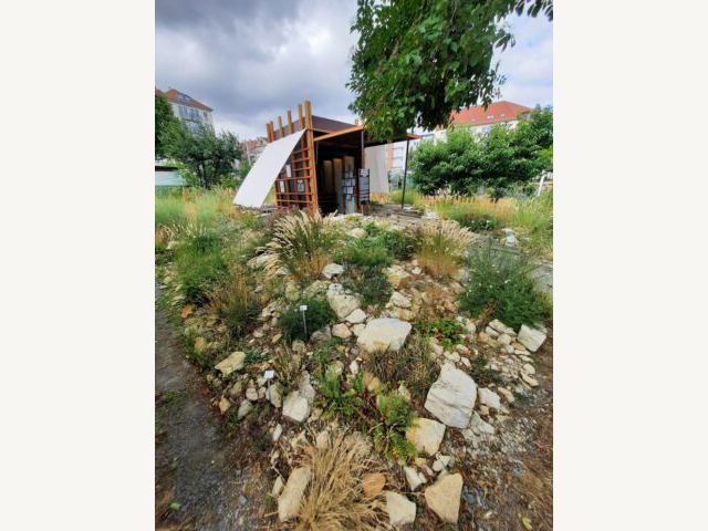 KI generiert: Das Bild zeigt einen kleinen Garten mit verschiedenen Pflanzen und Steinen, in dessen Hintergrund sich ein modernes, teilweise überdachtes Gebäude befindet. Der Himmel ist bewölkt und es wirken sowohl die Vegetation als auch das Gebäude naturverbunden und ruhig.