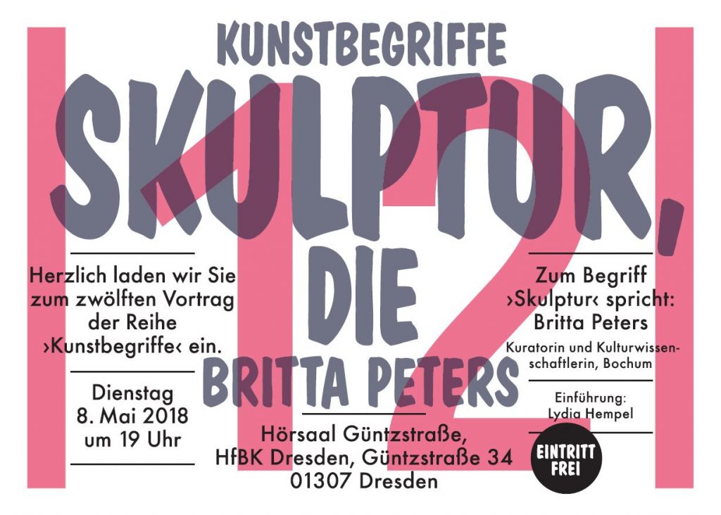 KI generiert: Das Bild ist eine Einladung zu einem Kunstvortrag am 8. Mai 2018 in Dresden, bei dem Britta Peters über den Begriff der Skulptur spricht. Der Vortrag ist Teil der Reihe »Kunstbegriffe«, der Eintritt ist frei.