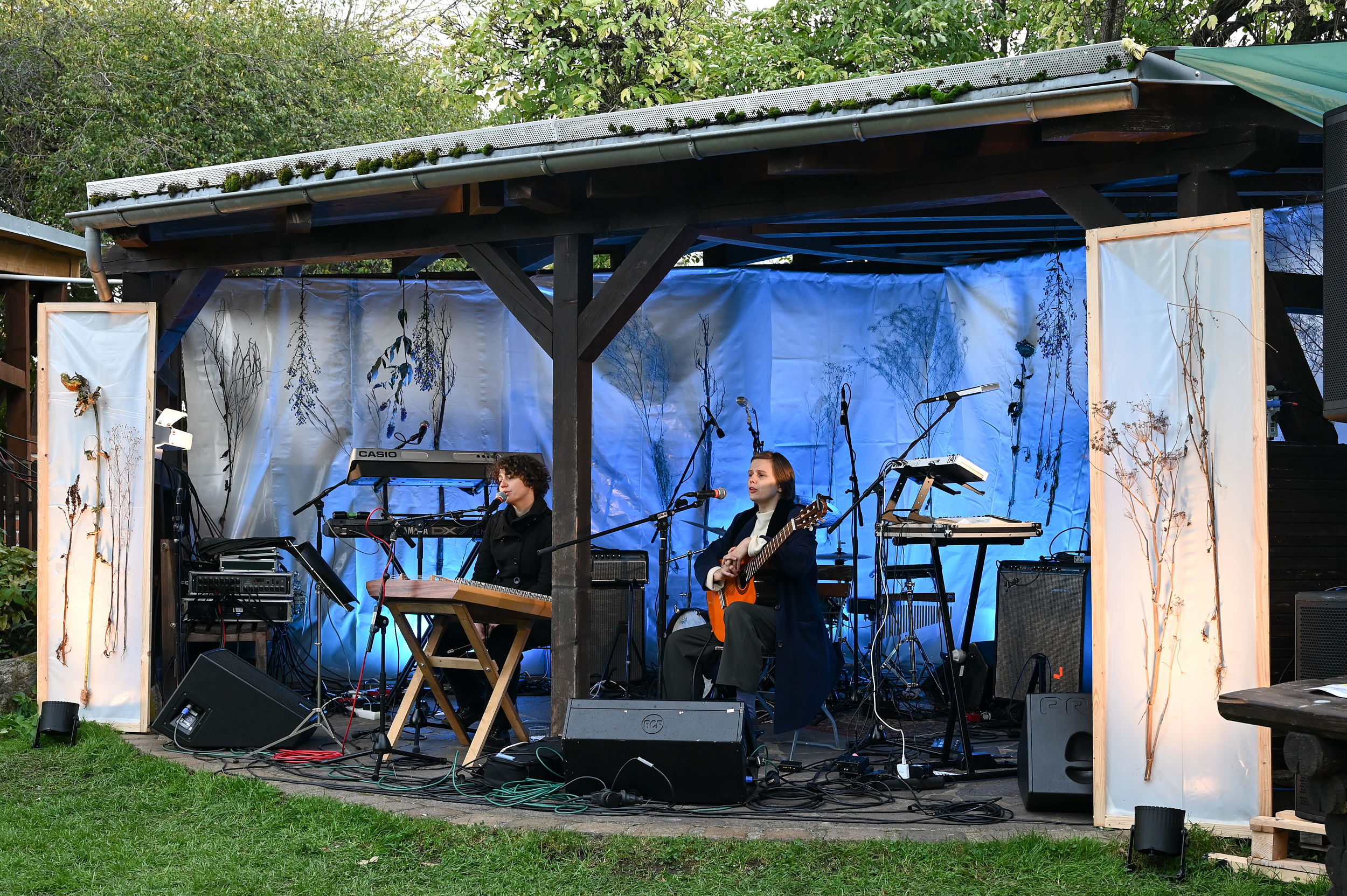 KI generiert: Das Bild zeigt zwei Musiker, die auf einer Bühne im Freien spielen. Hinter ihnen ist eine mit Pflanzenmotiven dekorierte Kulisse zu sehen.