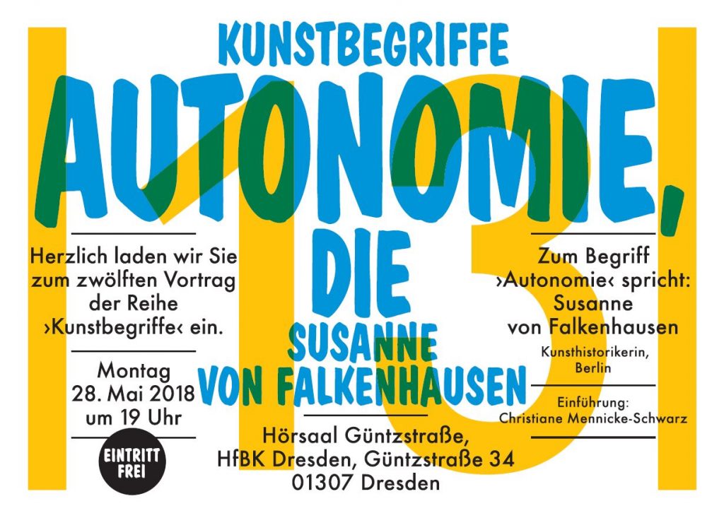 KI generiert: Das Bild ist eine Ankündigung für einen Vortrag der Reihe "Kunstbegriffe" zum Thema "Autonomie" von Susanne von Falkenhausen. Der Vortrag findet am Montag, den 28. Mai 2018, um 19 Uhr an der HfBK Dresden statt.