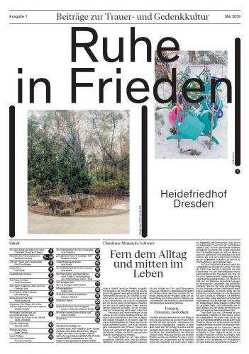 KI generiert: Das Bild zeigt eine Titelseite einer Zeitschrift mit dem Titel "Ruhe in Frieden" und handelt vom Heidefriedhof Dresden. Es enthält Fotos des Friedhofs und Artikel über Trauer- und Gedenkkultur.