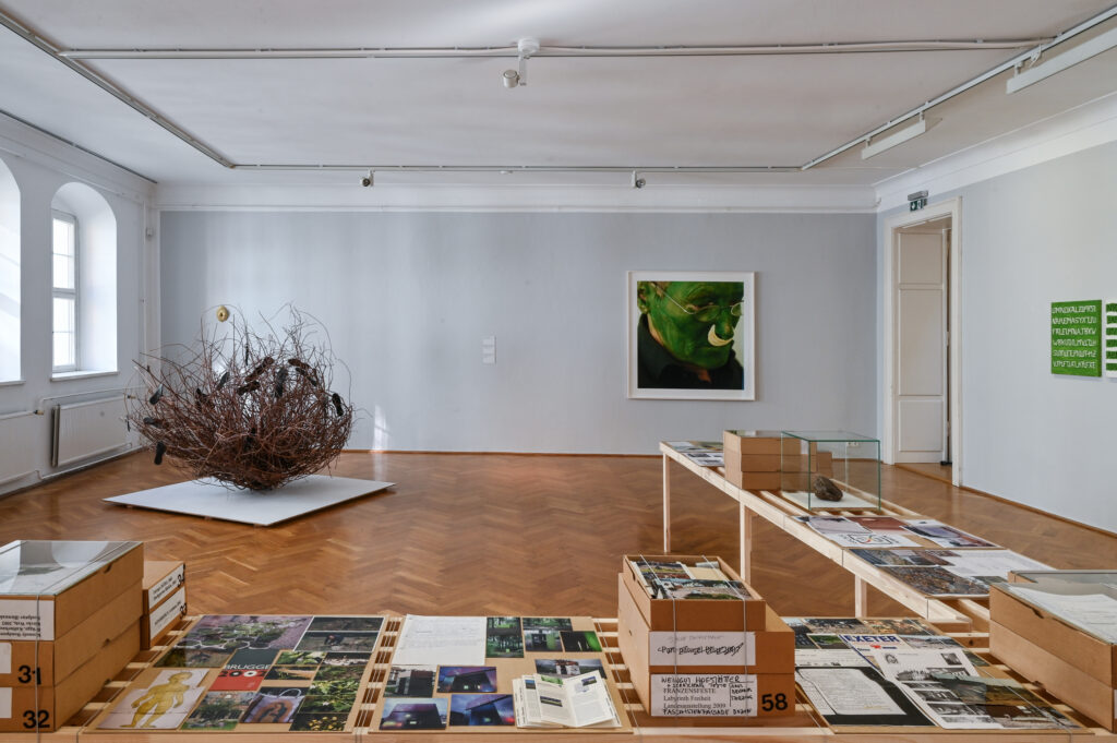 KI generiert: Das Bild zeigt einen Ausstellungsraum mit einer skulpturalen Installation in Form eines großen Nestes aus Ästen in der Mitte sowie mehreren Tischen mit Büchern, Zeitschriften und Dokumenten. An der Wand hängt ein farbenfrohes Porträt und es gibt Vitrinen mit weiteren Exponaten.