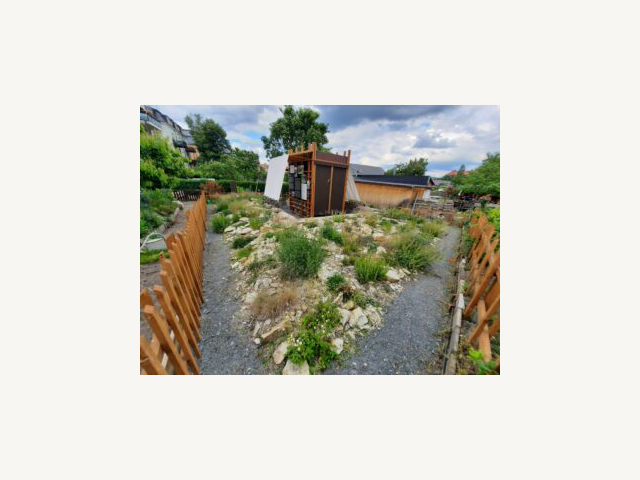 KI generiert: Das Bild zeigt einen kleinen Garten mit einem Holzzaun und einer Holzstruktur oder einem Schuppen in der Mitte. Der Garten besteht aus steinigen Wegen und Pflanzen, und im Hintergrund sind Bäume und einige Gebäude zu sehen.