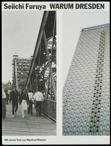 KI generiert: Das Bild zeigt das Cover eines Buches von Seiichi Furuya mit dem Titel "Warum Dresden". Es zeigt zwei Fotos, eines von Menschen, die auf einer Brücke gehen, und eines von einem modernen Gebäude mit einer strukturierten Fassade.