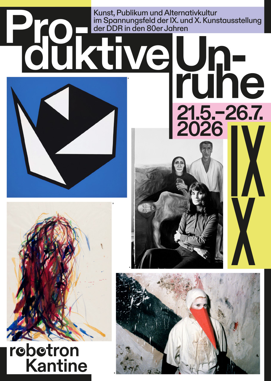 KI generiert: Das Bild ist ein Plakat für eine Ausstellung mit dem Titel "Produktive Unruhe", die Kunst, Publikum und Alternativkultur der DDR in den 80er Jahren thematisiert. Es zeigt verschiedene Kunstwerke und Fotografien sowie Informationen zur Veranstaltung.