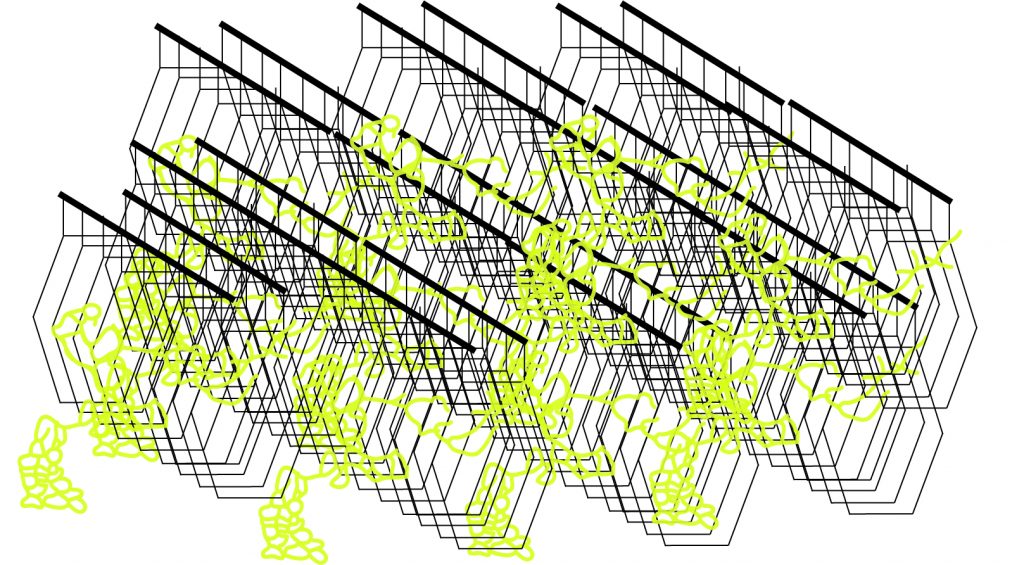 KI generiert: Das Bild zeigt ein geometrisches Gitter aus schwarzen Linien, das durch scheinbar zufällige gelbe Linien durchzogen wird. Der Hauptinhalt scheint ein abstraktes, dreidimensional wirkendes Kunstwerk zu sein.