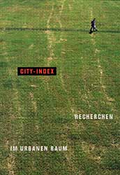 KI generiert: Das Bild zeigt eine Person, die über eine große grüne Wiese läuft. Der Text "CITY-INDEX" und "RECHERCHEN IM URBANEN RAUM" hebt sich auf der Wiese hervor.