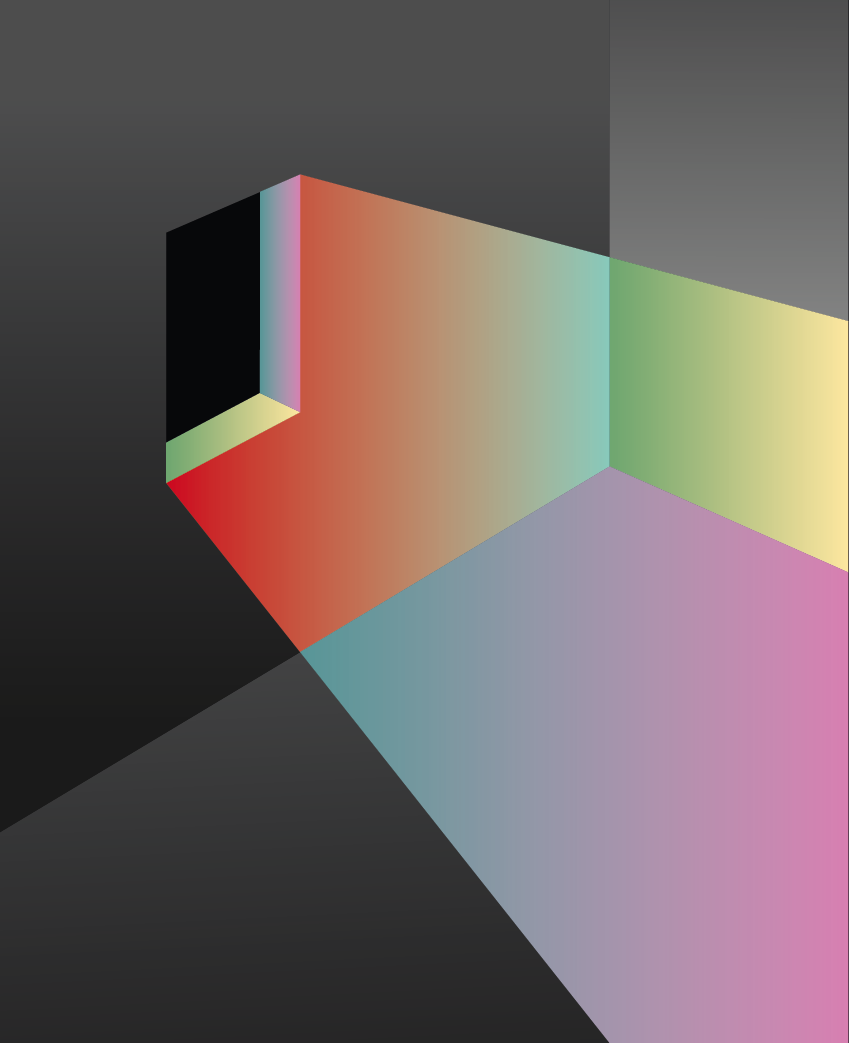 KI generiert: Das Bild zeigt ein abstraktes Kunstwerk, in dem rechteckige Formen und Farbverläufe kombiniert sind, um eine dreidimensionale Illusion zu erzeugen. Die Farben variieren entlang eines Spektrums von Rot, Grün, Gelb bis Violett, während die Umgebungsflächen in Grautönen gehalten sind.