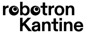 KI generiert: Das Bild zeigt ein Logo mit dem Text "robotron Kantine" in schwarzer Schrift auf weißem Hintergrund. Die Buchstaben "o" im Wort "robotron" sind als gestylte Augen dargestellt.